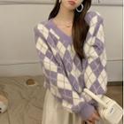 Argyle V-neck Detachable-sleeve Sweater