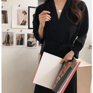 V-neck A-line Midi Dress With Belt