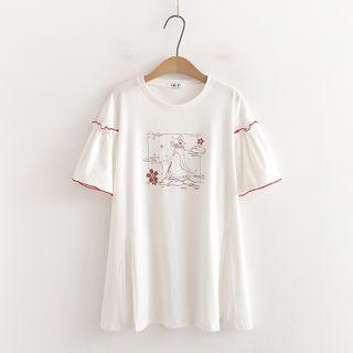 Short-sleeve Graphic Print Frill Trim Top