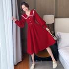 Bishop-sleeve Wide-collar Midi A-line Dress
