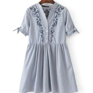 Short-sleeve Embroidery Pinstripe Dress