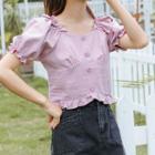 Puff-sleeve Ruffle Trim Cropped Top