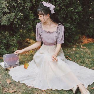 Short-sleeve Ruffled Paneled Midi A-line Dress
