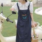 Embroidered Denim Midi A-line Overall Dress / Puff-sleeve Collar Blouse