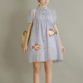 Fish Print Short-sleeve Shirt Dress