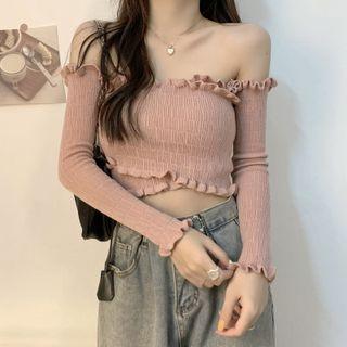 Off-shoulder Ruffled Crop Knit Top