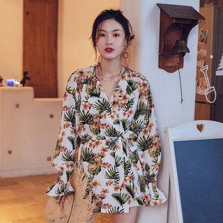 Long-sleeve Tropical Print Chiffon Tie-waist Light Jacket As Shown In Figure - One Size