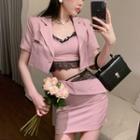 Short-sleeve Cropped Blazer / Lace Trim Camisole / Mini Skirt