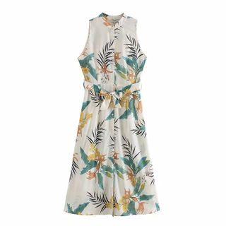 Floral Tie-waist Buttoned Tank Dress