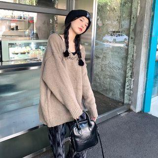 Set: V-neck Letter Embroidered Sweater + Crop Tank Top Set Of 2 - Sweater & Tank Top - Khaki - One Size