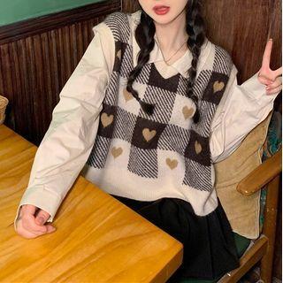Mock Two-piece Gingham Panel Blouse Gingham - Coffee & White - One Size
