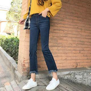 Fringed Slim-fit Cropped Boot-cut Jeans