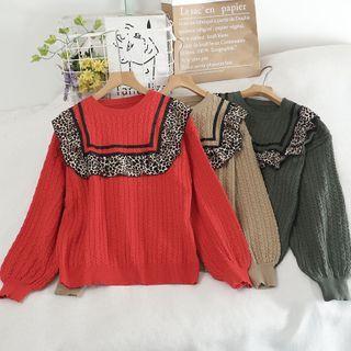 Leopard Ruffle Trim Crewneck Knit Top