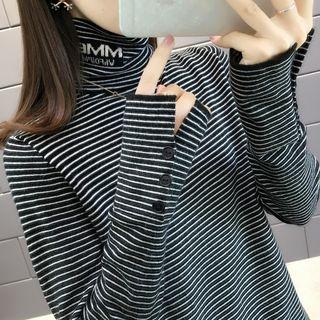 Striped Lettering Turtleneck Long-sleeve Knit Top