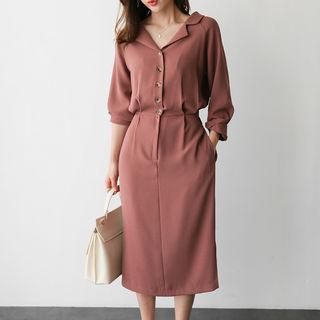 Notched-lapel Gathered-waist Dress
