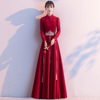 Long-sleeve Mandarin Collar Lace A-line Gown