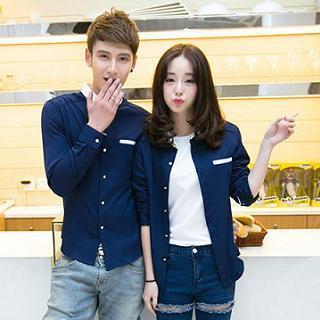 Contrast Collar Long-sleeve Couple Shirt