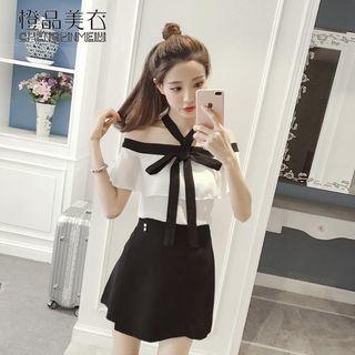 Set: Tie-neck Off-shoulder Ruffled Blouse + Plain A-line Skirt