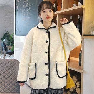 Contrast-trim Fleece Button Jacket Off-white - One Size