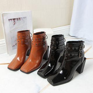 Square Toe Block Heel Belt Patent Short Boots