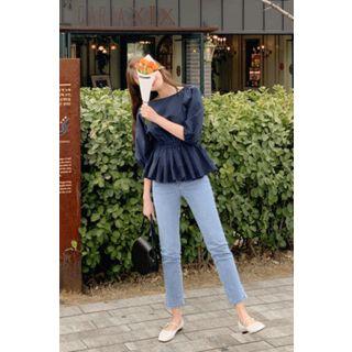 Puff-sleeve Peplum Blouse Navy Blue - One Size