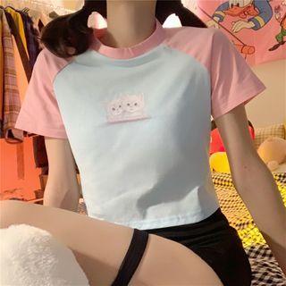 Short-sleeve Cat Print Slim-fit T-shirt White - One Size