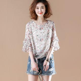 Ruffle 3/4-sleeve Floral Chiffon Top