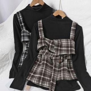 Set: Long-sleeve Top + Plaid Vest