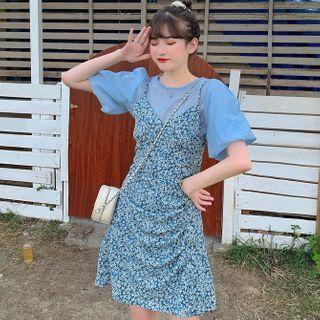 Short-sleeve T-shirt / Floral Strappy A-line Dress