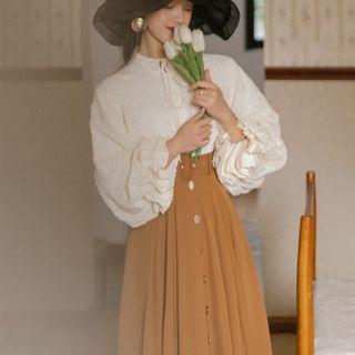 Puff-sleeve Blouse / Button-up Midi A-line Skirt / Set