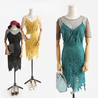Set: Short Sleeve Mesh Top + Metal-accent Sleeveless Lace Top + Lace Skirt