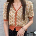 Short-sleeve Floral Print Knit Top Tangerine Red - One Size