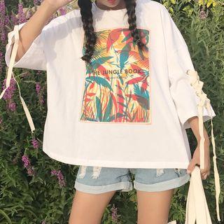 Applique Lace Up Elbow-sleeve T-shirt