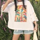 Applique Lace Up Elbow-sleeve T-shirt