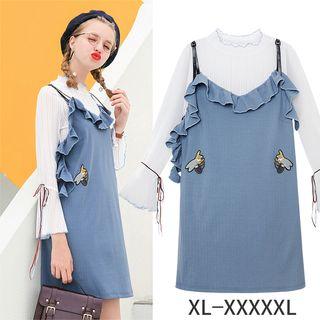 Set: Long-sleeve Chiffon Top + Frilled Spaghetti Strap Dress