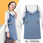 Set: Long-sleeve Chiffon Top + Frilled Spaghetti Strap Dress