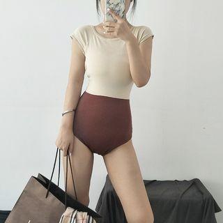 Short-sleeve Two-tone Knit Swimsuit Off-white - One Size