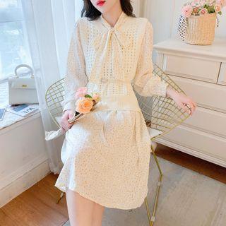 Set: Long-sleeve Tie-neck Floral A-line Dress + Pointelle Knit Vest