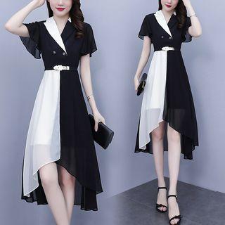 Short-sleeve Collar Double-breasted A-line Dress