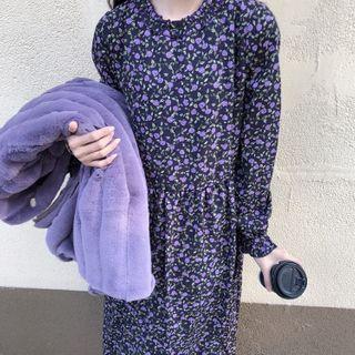 Faux-fur Loose-fit Coat / Long-sleeve Floral Print Dress