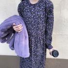 Faux-fur Loose-fit Coat / Long-sleeve Floral Print Dress