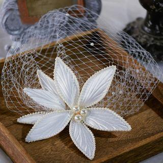 Mesh Veil Faux Pearl Floral Wedding Hair Clip 1pc - White - One Size