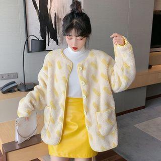 Patterned Button Jacket / Turtleneck Top / Faux Leather A-line Skirt