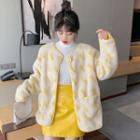 Patterned Button Jacket / Turtleneck Top / Faux Leather A-line Skirt