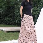 Set: Drawstring Short-sleeve T-shirt + Leopard Print Midi A-line Skirt
