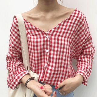 Gingham V-neck Shirt