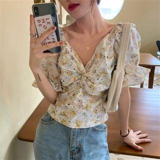 Short-sleeve Flower Print Blouse Floral - White - One Size