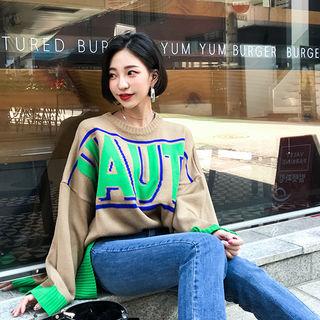 Letter Contrast-trim Knit Top