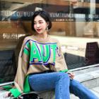 Letter Contrast-trim Knit Top