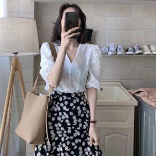 Set: Elbow-sleeve V-neck Blouse + Floral Midi A-line Skirt